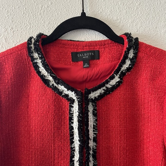 Talbots Red Tweed Jacket Size 12P Fringe Gold Buttons Red White Old Money Preppy - Picture 3 of 14